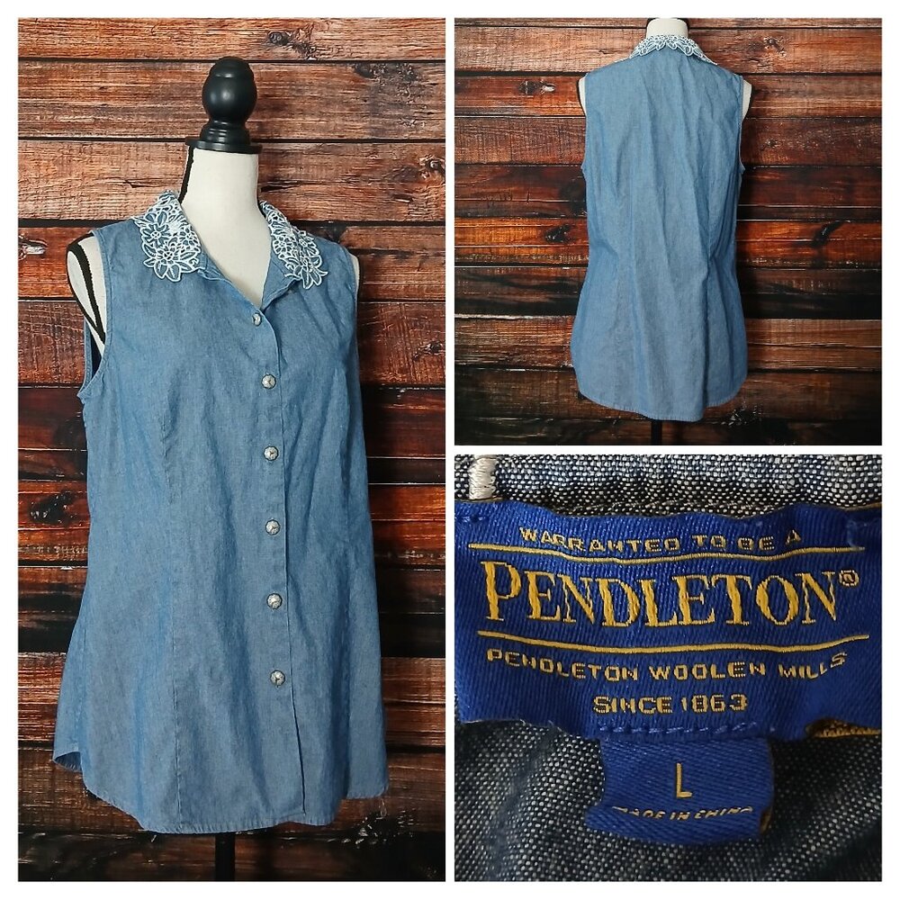 Pendleton Tank Top L Crochet Collar Blue Chambray Denim Button Front 100% Cotton